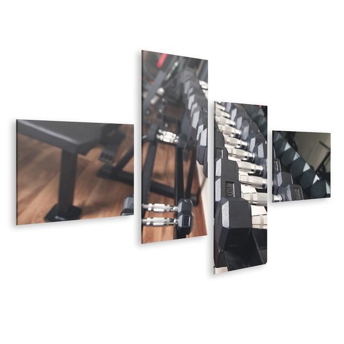 Tableau sur toile Haltères en métal pour la musculation en salle de sport. Taille: 150x80cm - 4 Pièces