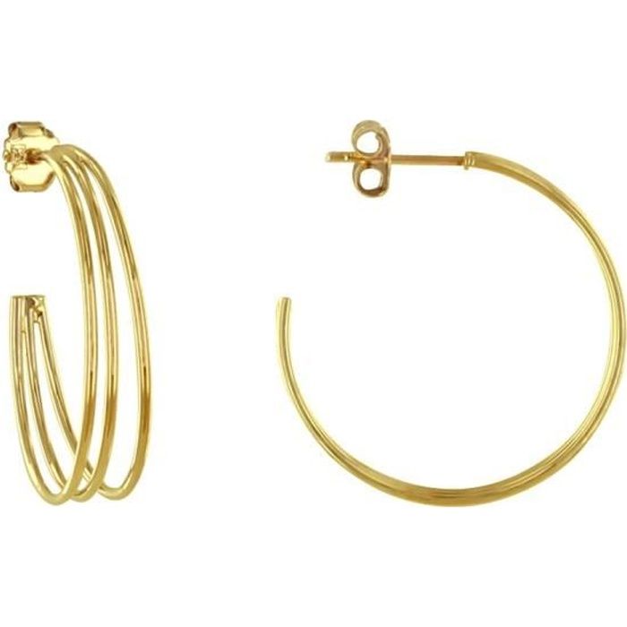 Les Poulettes Bijoux - Boucles d'Oreilles Plaqué Or Demi Créoles Trois Rangs