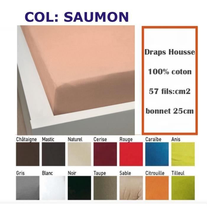 Drap Housse SAUMON 100% PUR COTON 140X190 / 57Fils cm2 PROMOTION