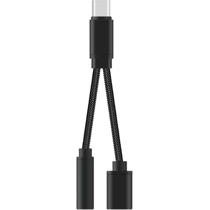 Adaptateur audio 2 en 1 USB-C vers 3,5 mm Câble de type C Jack Convertisseur d'adaptateur pour casque (Noir) TELEPHONE CABLE