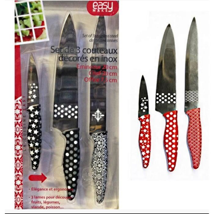 SET 3 COUTEAUX DECORE INOX EMINCEUR OFFICE CHEF USTENSILE CUISINE
