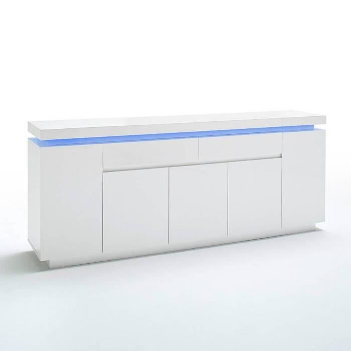 Buffet OCEAN laqué blanc brillant 5 portes 2 tiroirs LED inclus blanc Inside75