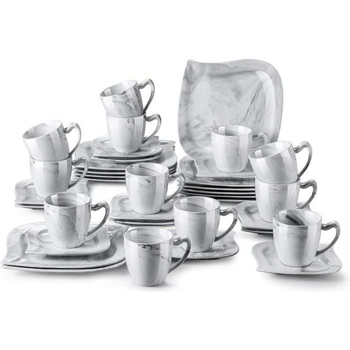MALACASA, Série Flora, 36 pcs Service de Table Porcelaine Marbre,12 Assiettes à Dessert, 12 Tasses à Café, 12 sous-Tasses