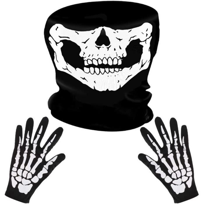 Masque Tête de Mort et Gants Squelette Blanc, Respirant crâne Masque, Multifonction Tour de Cou en Polyester pour Ski, Moto, Vélo,