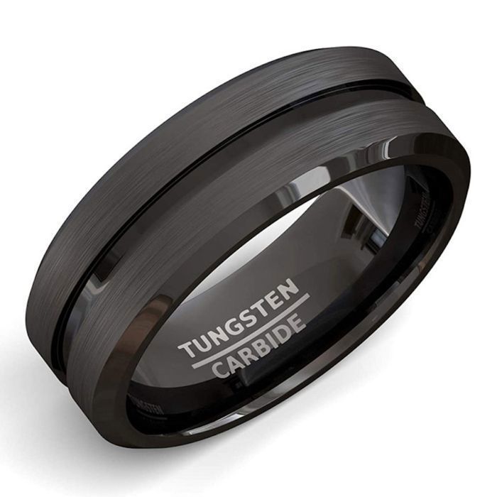 Zense - Bague homme en acier noir mat avec rainure ZR0170