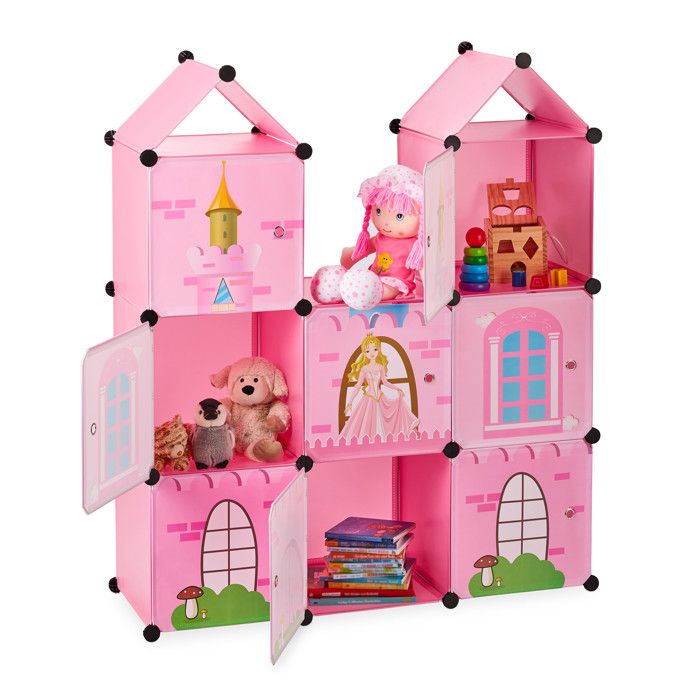 Relaxdays Etagère emboîtable chambre d'enfants,Château de princesse, Plastique, Armoire DIY avec portes, HlP128x110x37cm