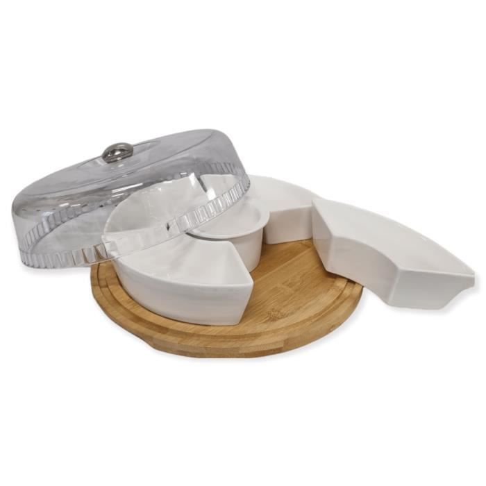 Set Apéritif 5 Coupelles Virgules en Porcelaine, Plateau en Bambou diametre 33cm, 'roland