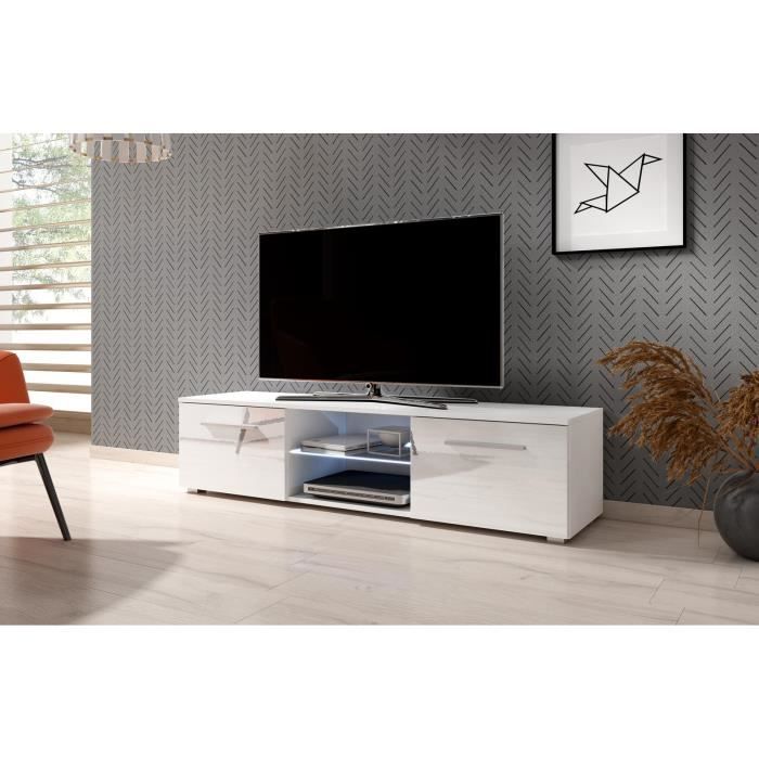 VIVALDI Meuble TV - MOON - 140 cm - blanc mat / blanc brillant avec LED - style moderne