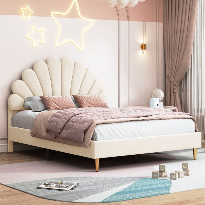 lit double rembourré 140 x 200 cm, cadre de lit avec tête de lit fleurie et cadre à lattes, avec des pieds en or, beige