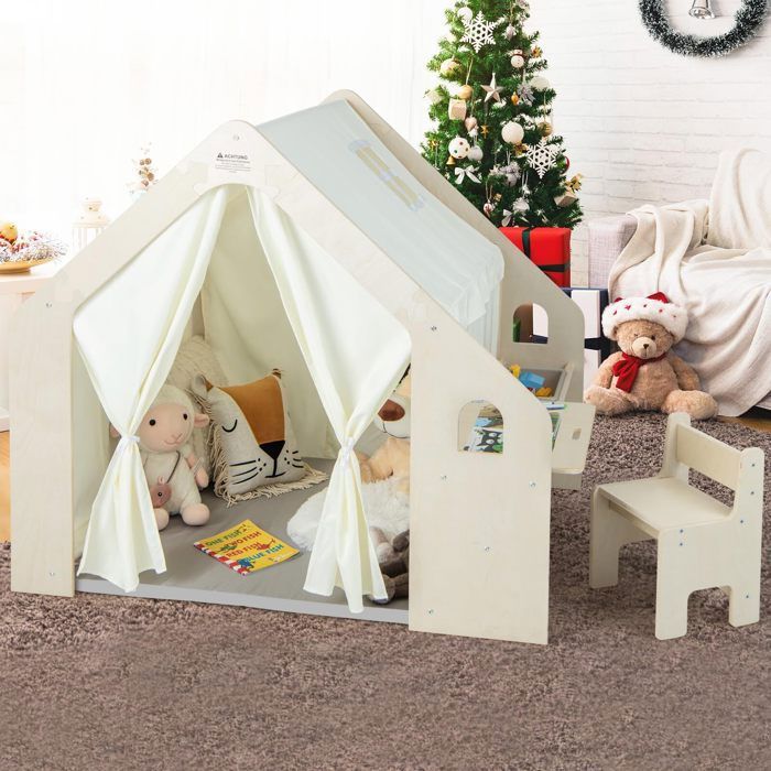 Tente de Jeu Enfants – DREAMADE - 6 en 1 - Table et Chaise en Bois - Tapis Rembourré - Tableau Noir - Bac de Rangement - 131X98CM