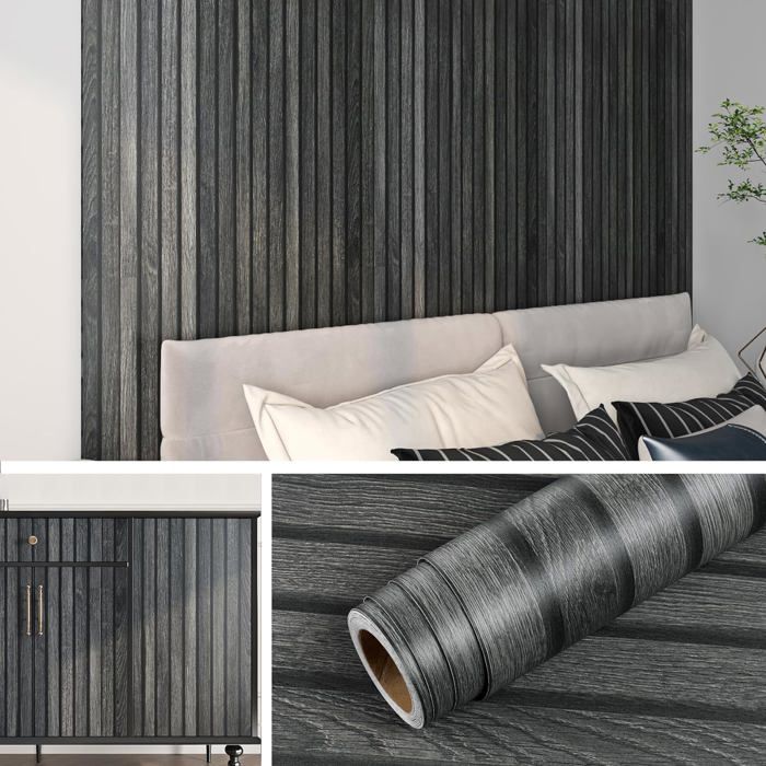 Papier Peint Adhésif Imitation Bois – Rouleau 60 Cm X 400 Cm – Marron Foncé, Vinyle Lavable – Pour Meubles, Murs - 1