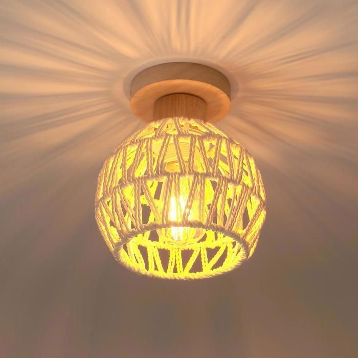 iDEGU Plafonnier Industriel Lampe de Plafond en Rotin Blanc E27 Luminaire Lustre Vintage Abat-jour Cage pour Salon Chambre