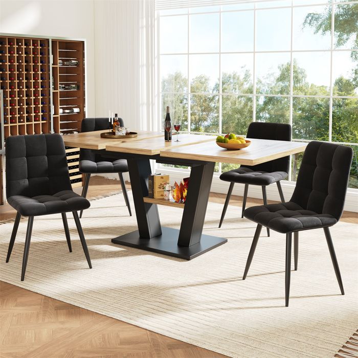 Table a Manger Bois avec 4 Chaises Table Extensible de Cuisine 4 PersonnesTable Carrée ExtensiblePieds VChaises en Velours Noir
