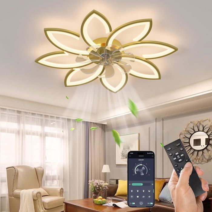 Ganeed Ventilateur de Plafond à LED 6 Vitesses Fan Silencieux avec Dimmable Eclairage 3 Couleurs Lampe - Gold - Ganeed