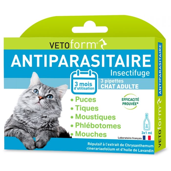 Vetoform Antiparasitaire Insectifuge Chat Adulte 3 Pipettes de 1 ml