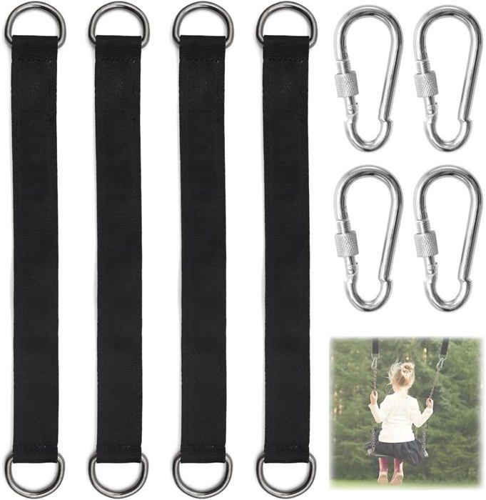 Noir Swing Hanging Kit 4 Pièces Sangles de Balançoire avec 2 Mousquetons darbre Sangles pour Balancoire de Jardin Hamac ou Siège