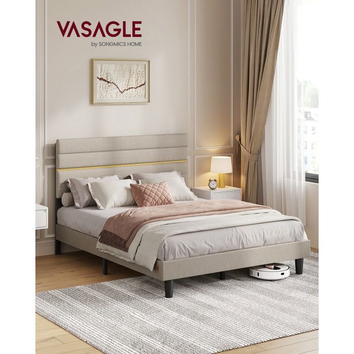VASAGLE Lit Double Cadre de Lit Convient pour Un Matelas de 140 x 190 cm Tête de Lit Ajustable en Métal Bois Massif Beige
