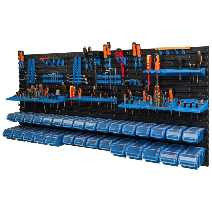 Étagère murale - BOTLE - 173 x 78 cm - 30 boîtes avec couvercle - Plastique bleu - Outils organisés