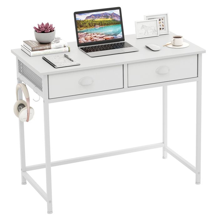 GYMAX Bureau D'Ordinateur Avec Rangement, Poste De Travail, 2 Tiroirs En Tissu, 4 Crochets, Patins Ajustables, Blanc - Maison