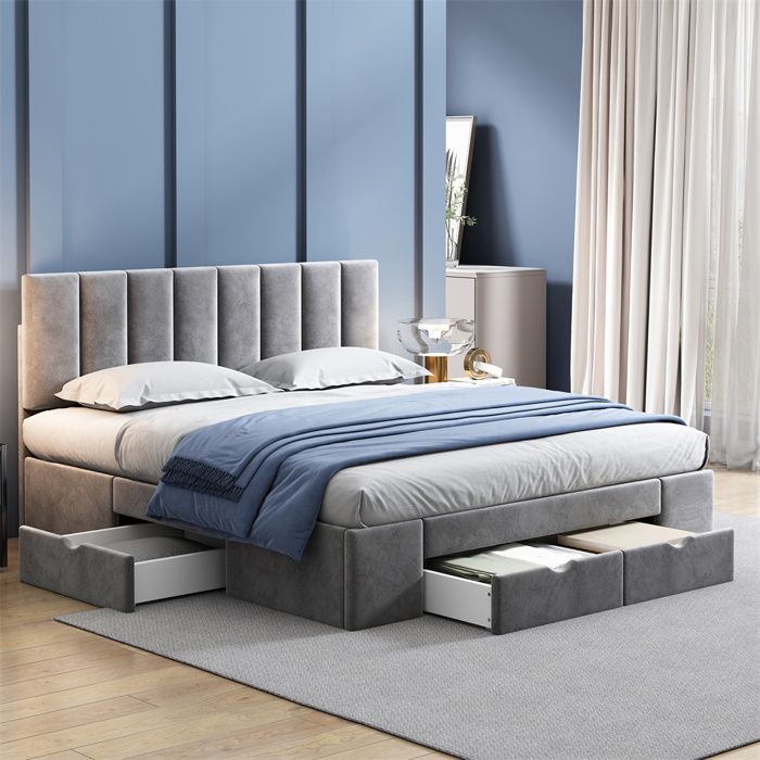 Lit rembourré velours 160x200 cm avec sommier à lattes tête de lit et 4 tiroirs gris