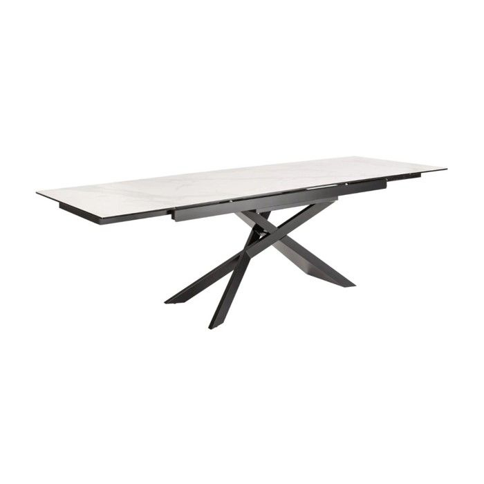 Table STELIX 180–220–260 cm – Plateau en céramique effet marbre blanc et verre trempé – Extensible avec pieds en métal noir