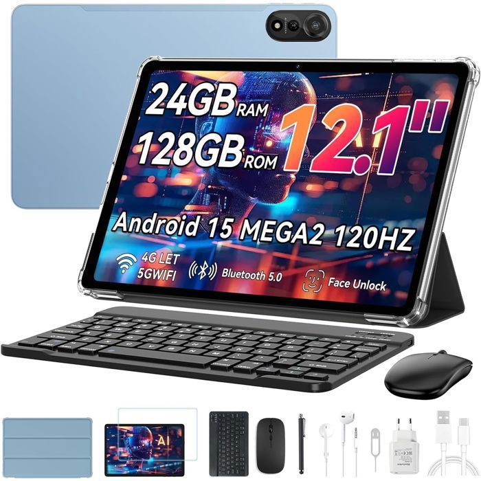 BLACKVIEW Tablette 12 pouces MEGA 2 Android 15, Tablette de jeu Android avec clavier, 24GB + 128GB / 2TB, 9000mAh / 18W, Bleu