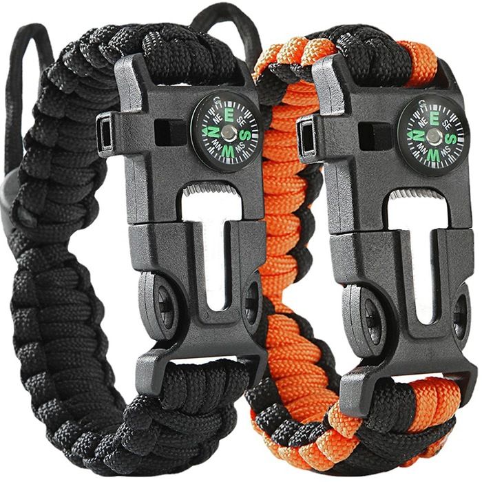 Bracelet de survie (lot de 2) Accessoires de randonnée kit de camping sauvage bushcraft urgence (noir et orange)