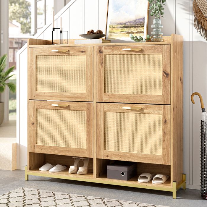 Meuble à chaussures en bois avec portes en rotin - 4 portes structure métal et étagère haute - Organisation stylée pour entrée