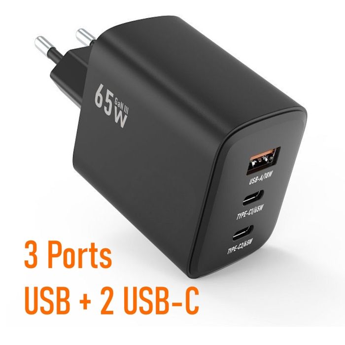 Chargeur Rapide 65W 3 Ports (2 USB-C + 1 USB-A) - Technologie GaN - Compact Et Puissant - Pour Smartphone, Tablette, PC Portable - 11