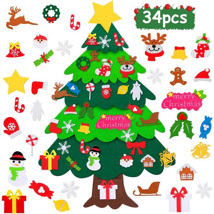 WuGU Sapin De Noël En Feutre DIY – 115x70 Cm – 36 Ornements Détachables – À Coller Sur Mur, Porte Ou Fenêtre – Réutilisable D'année En Année