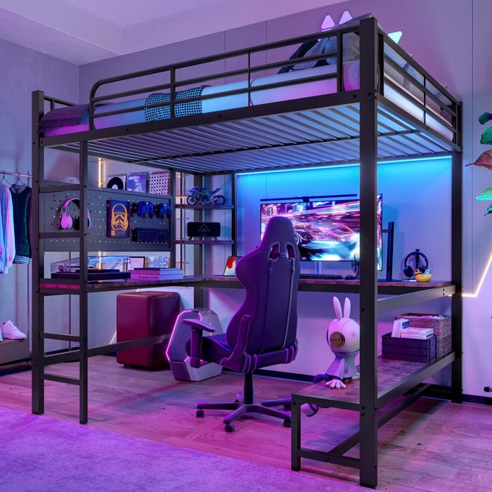 Lit mezzanine en métal 140 x 200cm avec bureau et Éclairage LED Étagères lit enfants avec prise USB + type C noir (sans matelas)