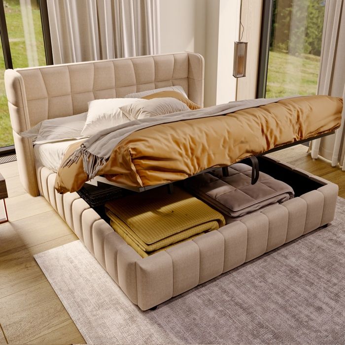 Lit 180x200cm - Lit Coffre 180x200 - Sommier à Lattes Inclus - Coffre de Rangement Pneumatique - Moderne - Tissu Lin Beige