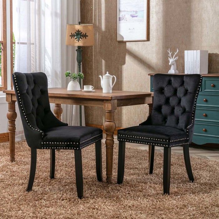 Chaise de salle à manger - Lot de 2 - Velours noir - Pieds en bois massif - Dossier surélevé ergonomique