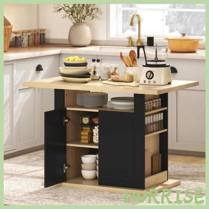 Cocosity Table À Manger Ilot Central Cuisine Avec Grand Plan De Travail 4-6 Personnes Placard 4 Portes 110 X 70 X 755 Cm Noir