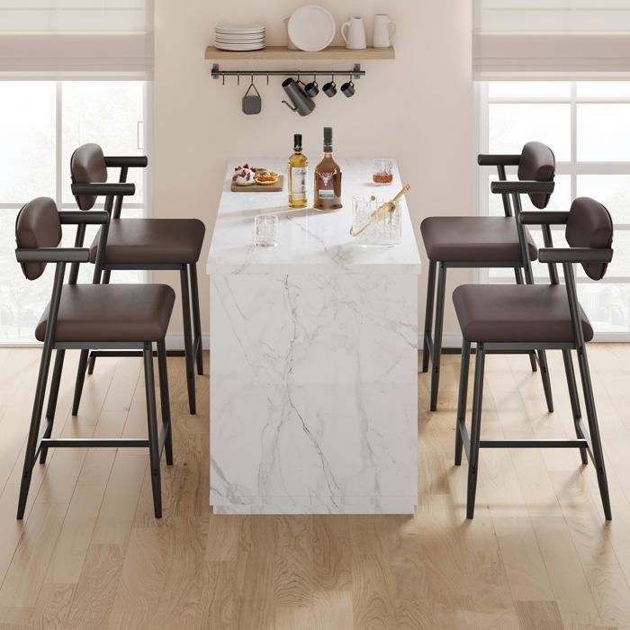 Tabourets de cuisine - LUNSY - Lot de 4 - 49x48x94 cm - Hauteur dassise 65 cm - Marron - PU - Repose-pieds intégré