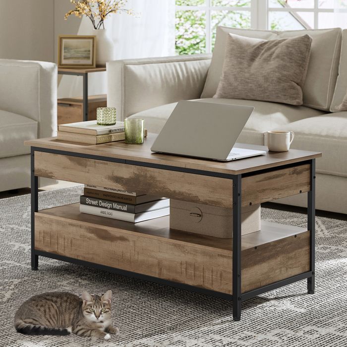 Table Basse Relevable avec Rangements Cachés 2 Tiroirs Centre de Salon 100 cm Grège