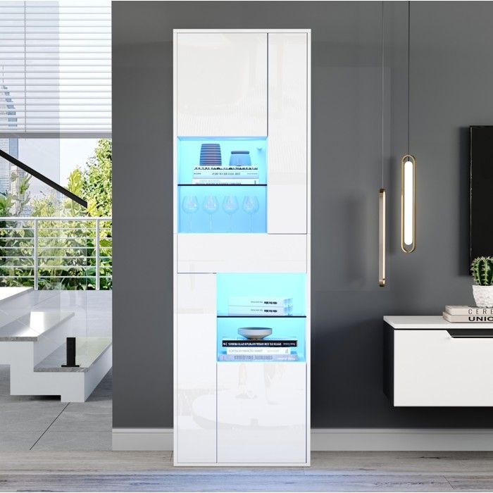 Vitrine haute 55x38x170 cm avec LED contrôlée par appli 1 tiroir 4 placards étagères réglables blanc brillant