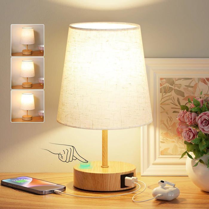 Lampe de Chevet Tactile avec Ports USB-C/A - 3 Intensités Variables & Abat-jour Lin - Ampoule Incluse pour Chambre Bureau Enfant Lampe de Chevet Tactile avec Ports USB-C/A - 3 Intensités Variables & Abat-jour Lin - Ampoule Incluse pour Chambre Bureau Enfant