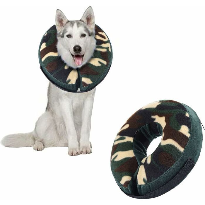 Collerette gonflable pour chien et chat – Ajustable camouflage –Protection après chirurgie – Taille L pour animaux de grande taille