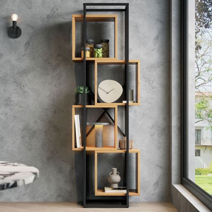 Bibliothèque scandinave étagère de présentation 4 niches empilables structure MDF et métal noir 59x30x180 cm