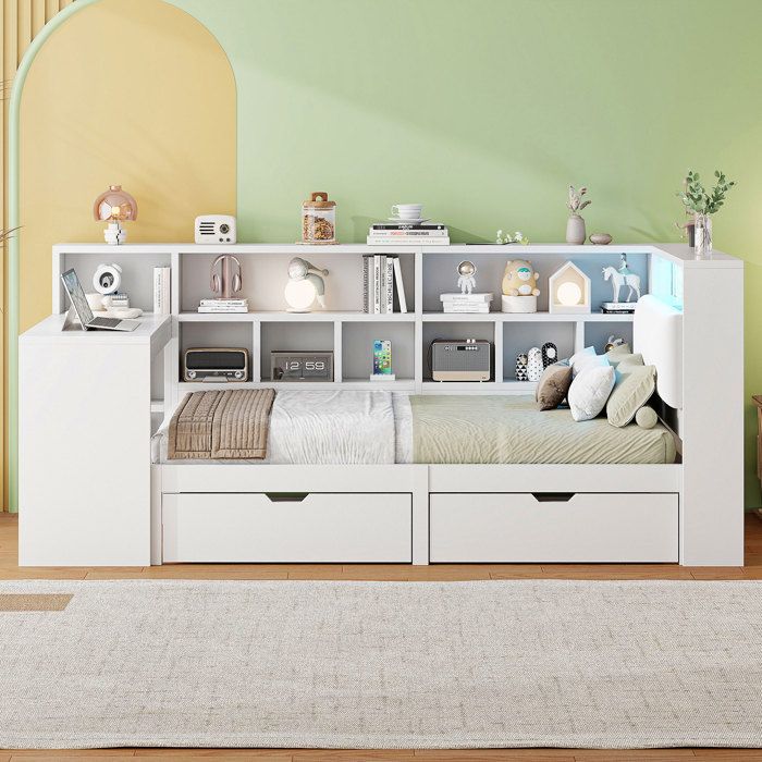 Lit Combiné Blanc 90x200cm Bureau Intégré Étagères Rangements Tête de Lit LED Tiroirs – Gain de Place