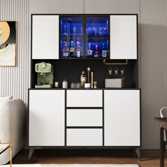 Buffet de Cuisine Haut avec Éclairage LED Vitrine Armoire de Cuisine avec Portes en Verre 6 Portes 3 Tiroirs Meuble de Rangement