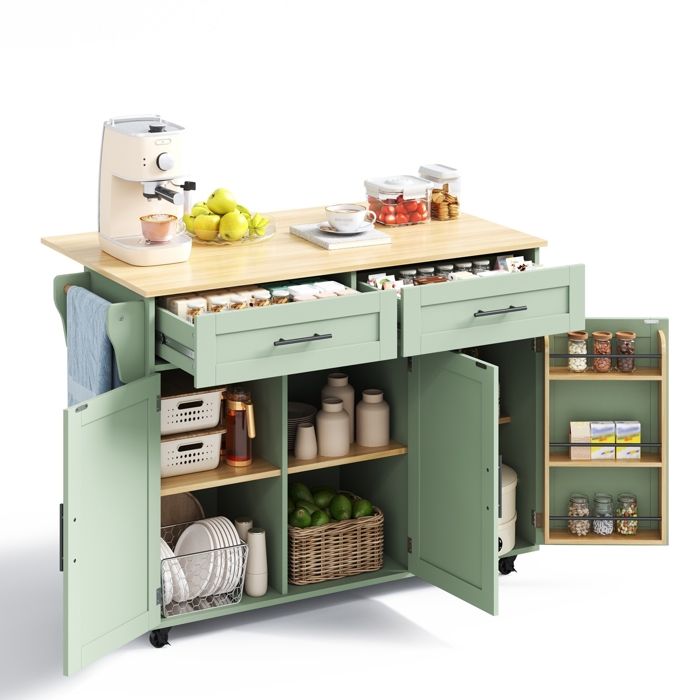 ilôt de Cuisine avec roulettes Desserte de Cuisine avec Plans de Travail Rabattable 2 Tiroirs 3 Portes 129x46-71X91.5cm Vert