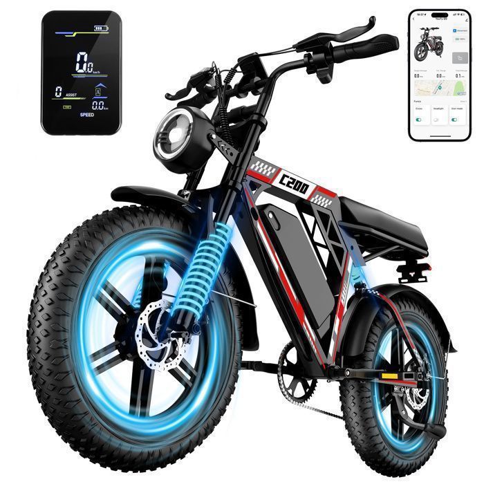 HIQIS Vélo Électrique 1000W-Lithium Amovible 48V 175AH-Fat bike 20-50KM/h-Shimano 7 vitesses-150kg-Vtt électrique adulte-Noir C200