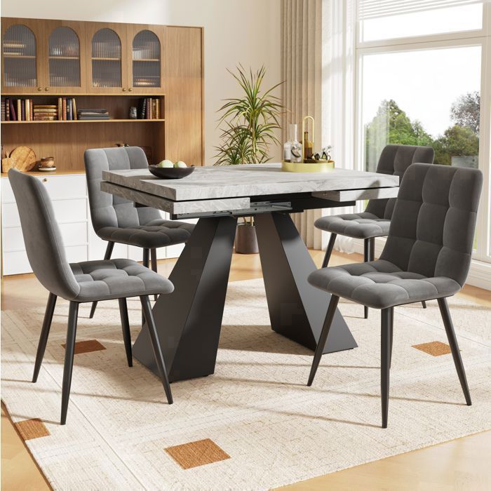 MEULVA Ensemble de salle à manger avec 1 table extensible en MDF blanc effet marbre et lot de 4 chaises en velours gris