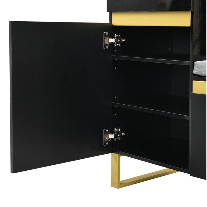 Meuble à chaussures d’entrée 120 x 35 x 85 cm en MDF noir avec banc rembourré 2 portes 1 tiroir et niche ouverte