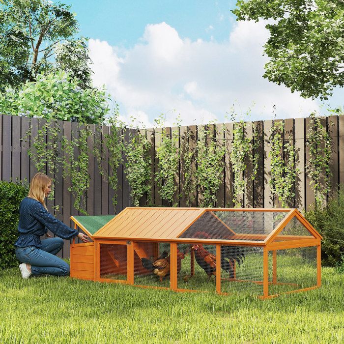 Poulailler de jardin en bois pour 4-8 poules 240 x 1125 x 76 cm orange grillage métallique et toit ouvrant