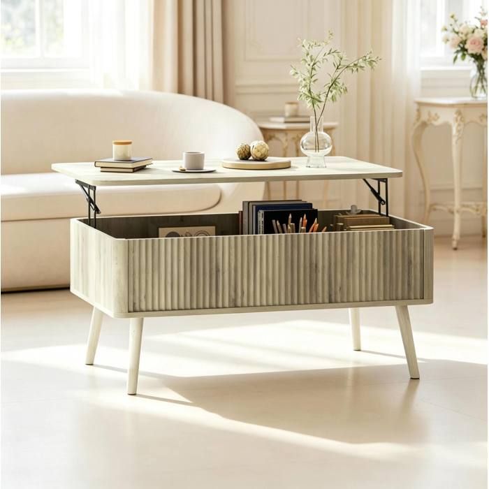Table basse relevable avec rangement caché effet chêne MDF et bois pour salon
