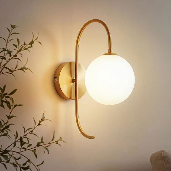 HOMEFIRE - Applique Murale Vintage Dorée Ø36 cm Lampe Murale Ronde en Métal avec Abat-Jour Boule de Verre pour Chambre Salon