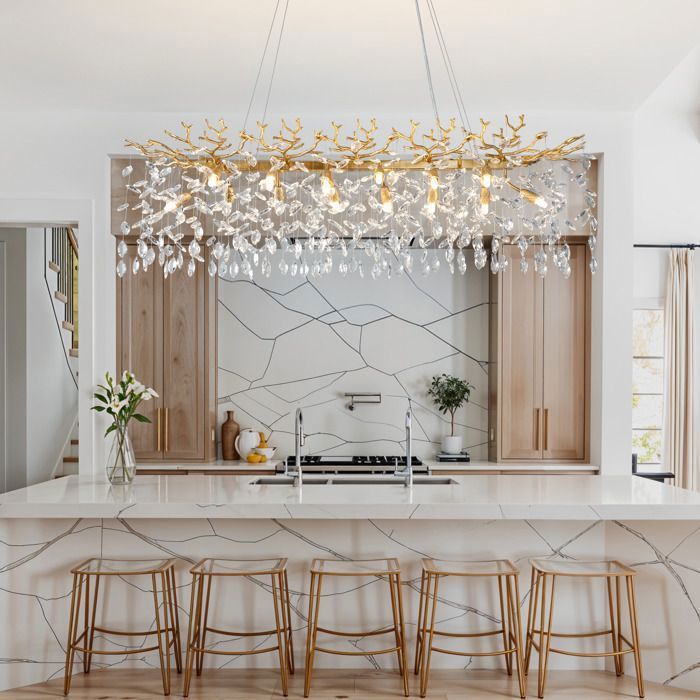 Lustre cristal K9 100% doré – L120 cm – rectangulaire à branches – 14 feux G9 – aluminium – îlot de cuisine salle à manger salon